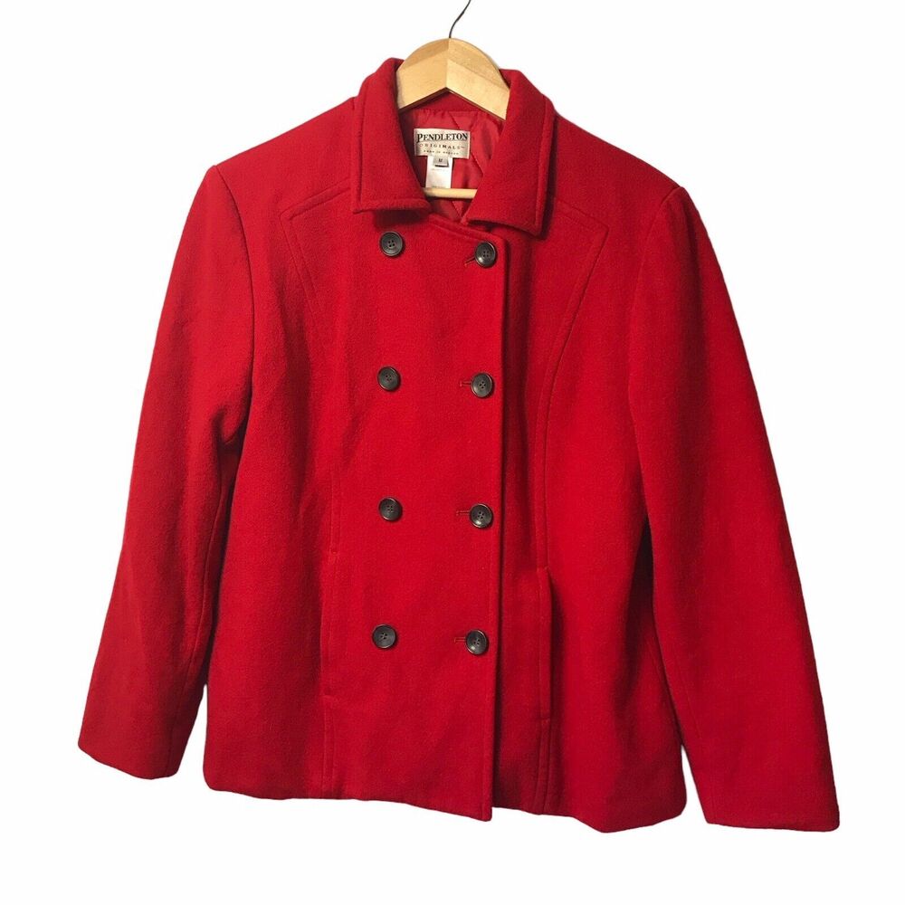 Pendleton Womens Pea Coat  Med Red Wool Double Breasted Originals‎ Jacket 70/80s